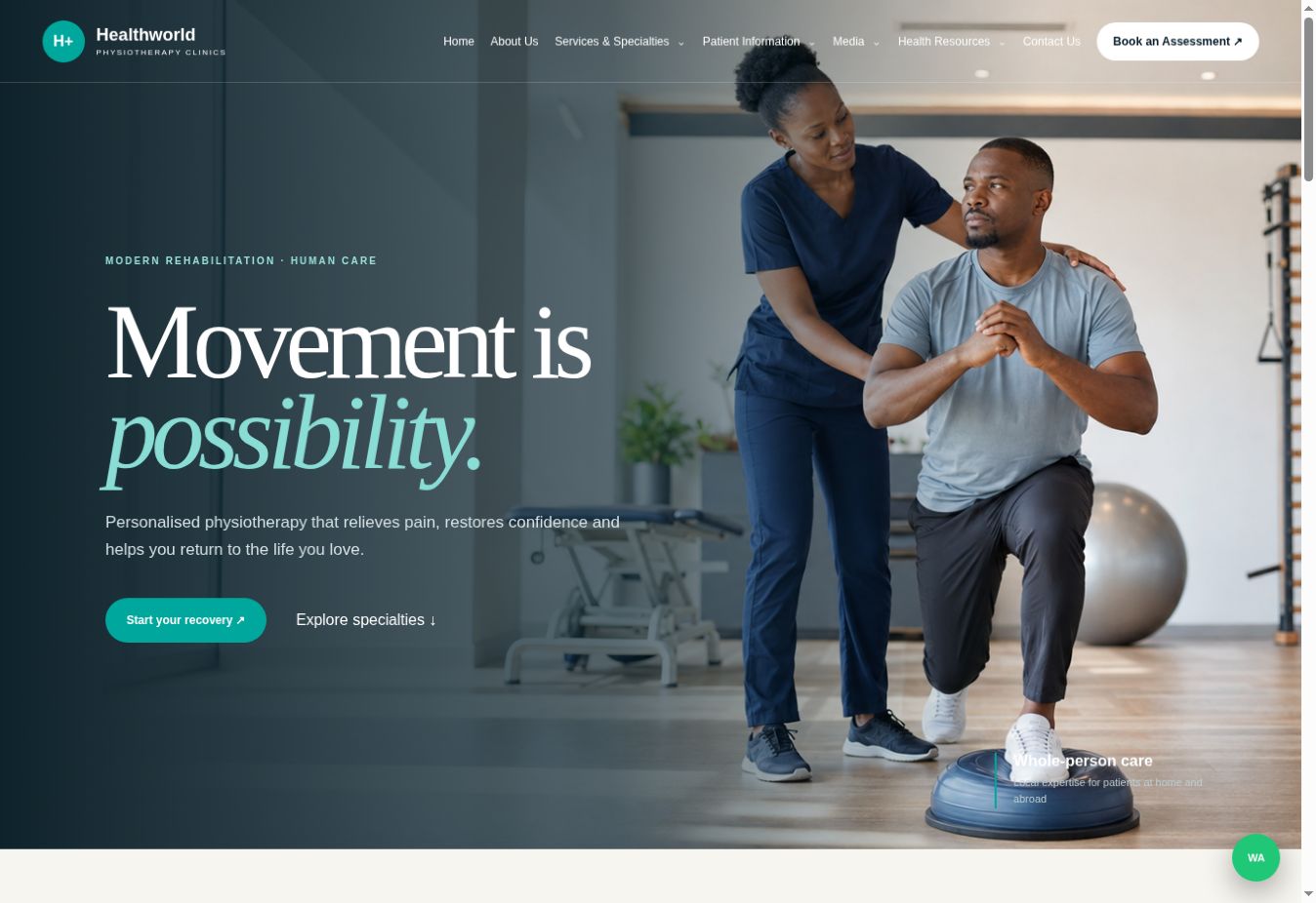 Healthworld Physiotherapy website screenshot