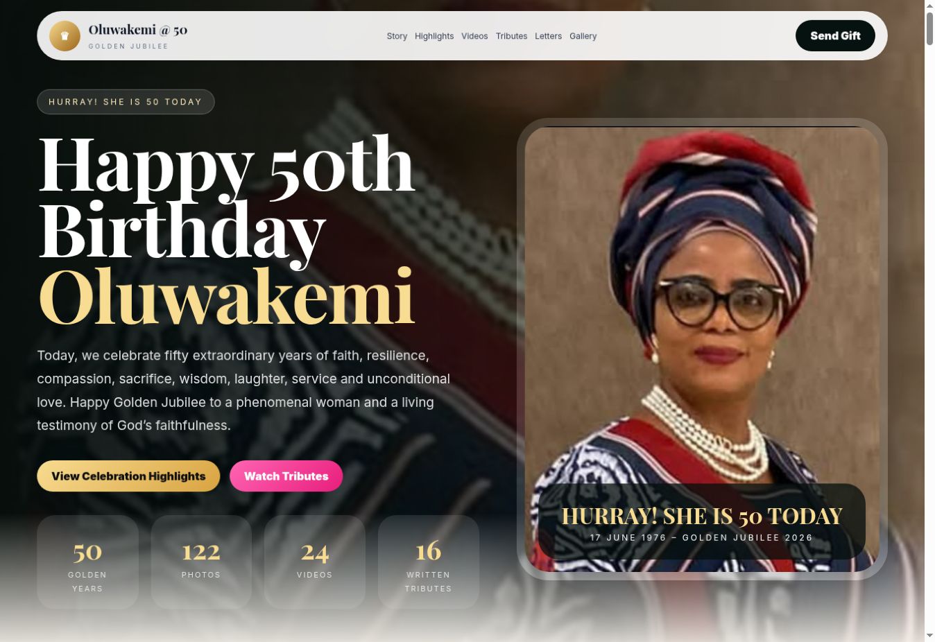 Oluwakemi at 50 website screenshot