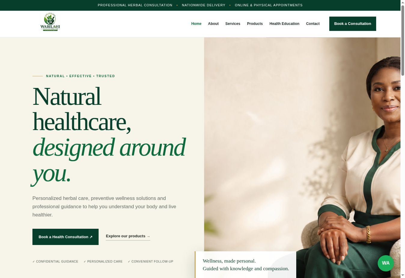 Wabilahi Natural Care website screenshot