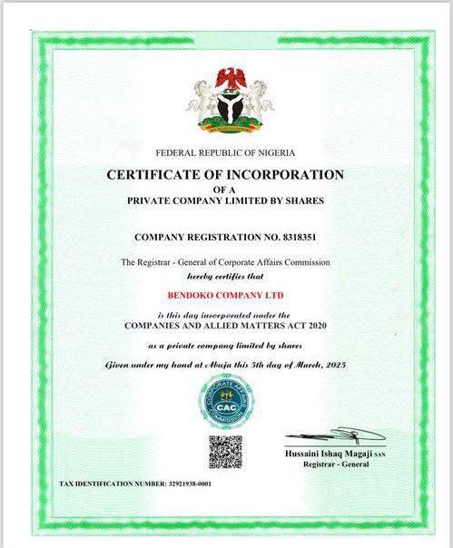 Bendoko Company Limited Certificate of Incorporation