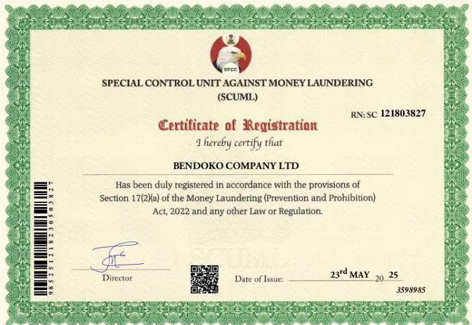 Bendoko Company Limited SCUML Certificate of Registration